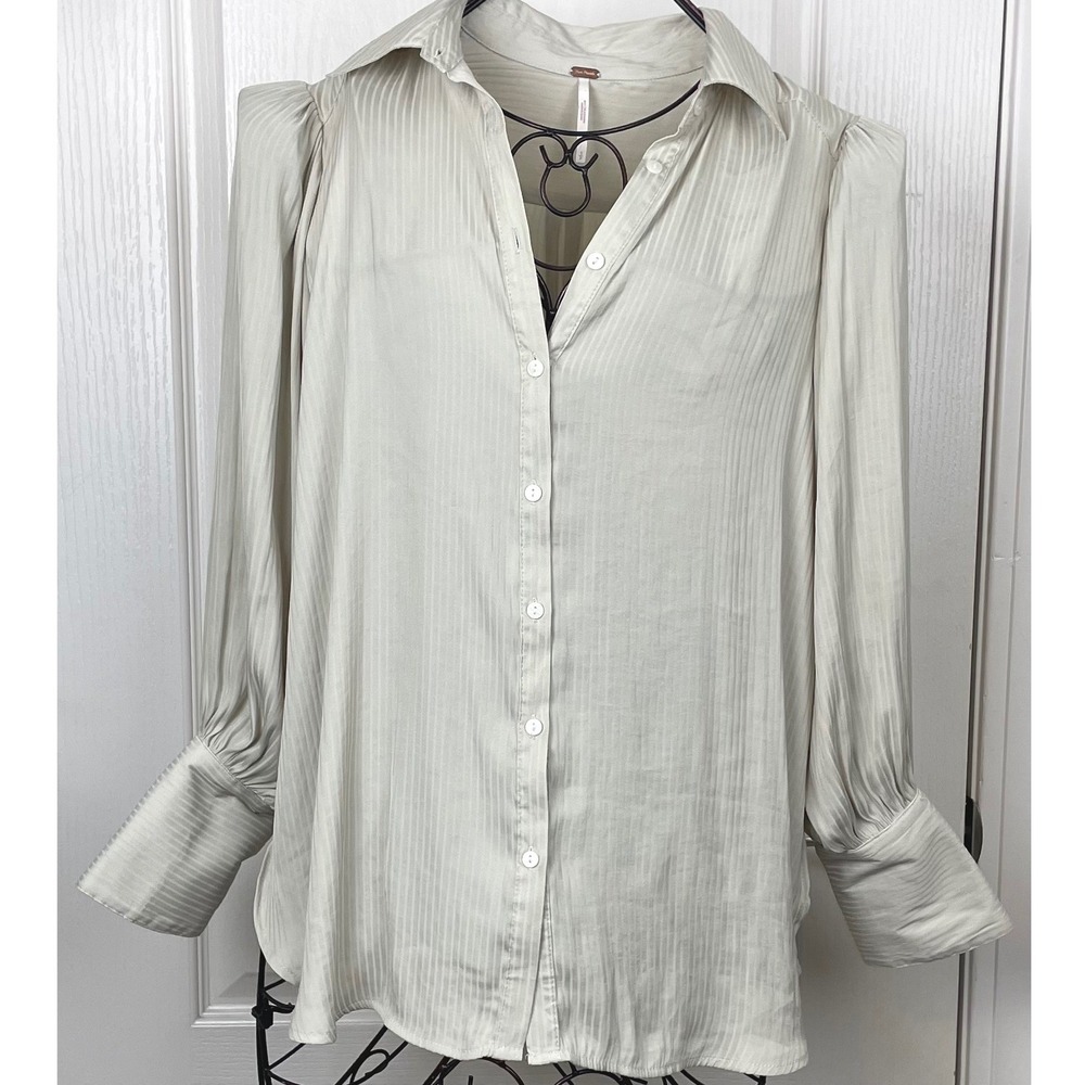 Free People Serena Silky Shirt Pinstripe Puff Button Down Small Cream Oyster EUC